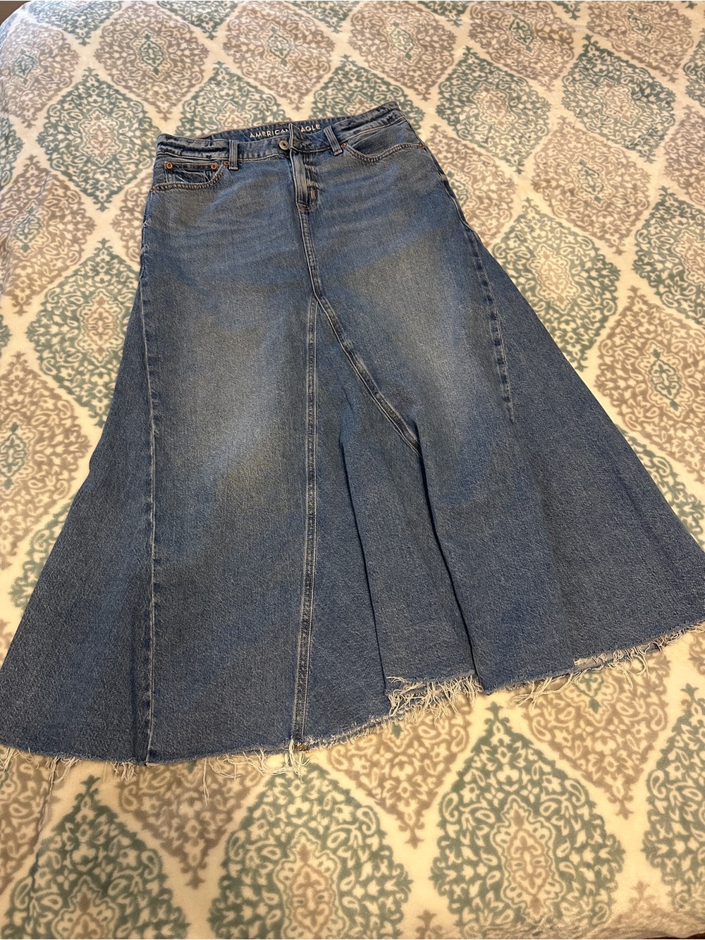 American Eagle Outfitters Blue Denim A-Line Maxi Skirt with Raw Hem